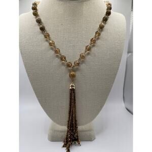 Vintage long necklace semi precious stones glass and tassel beads goldtone